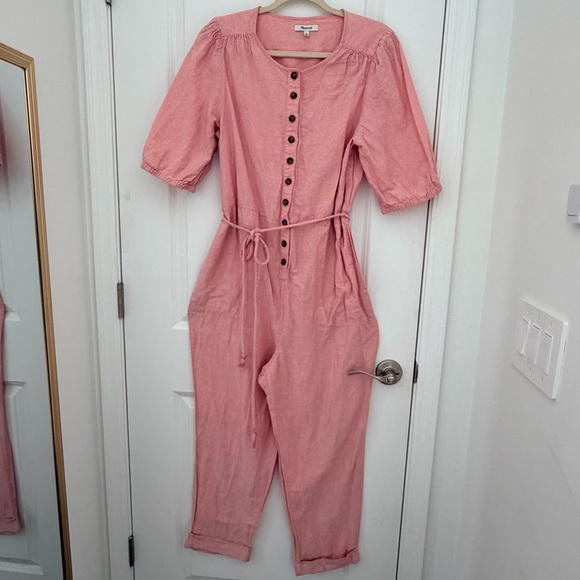Madewell Pants - Madewell Linen Blend Puff Sleeve Jumpsuit Pink Button Front Tassel Tie XL